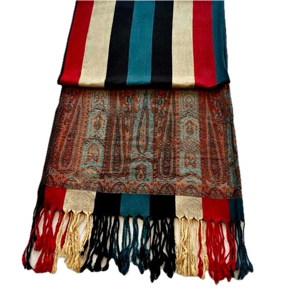 Pashmina Scarf Bold Stripes & Pattern Turquoise Red Navy Tan Gold Fringe EUC - Picture 5 of 7